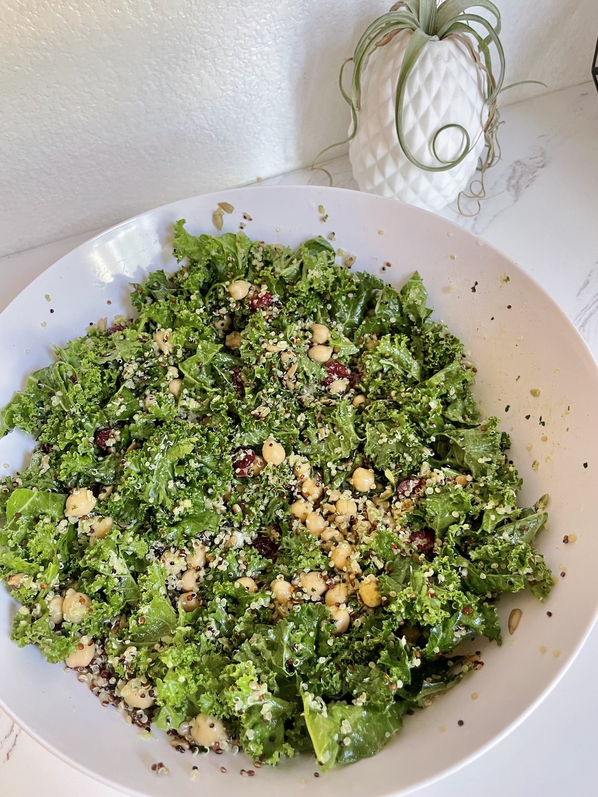 Kale and white bean salad with pumpkin seed pesto dressing in a large white bowl atop a white countertop with a plant in a white pineapple shaped container next to it.
